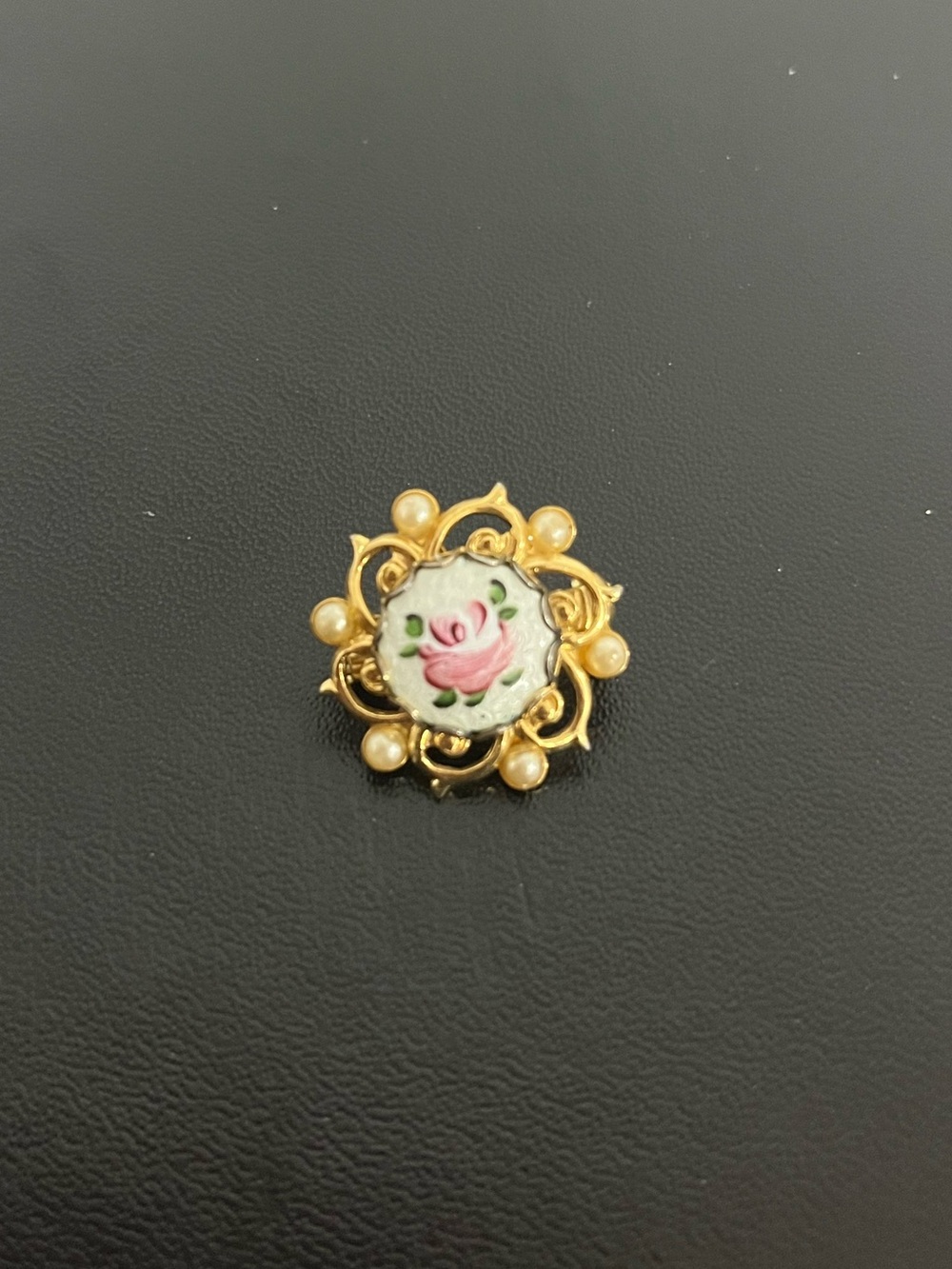 Small Floral Guilloché Brooch with Faux Pearls